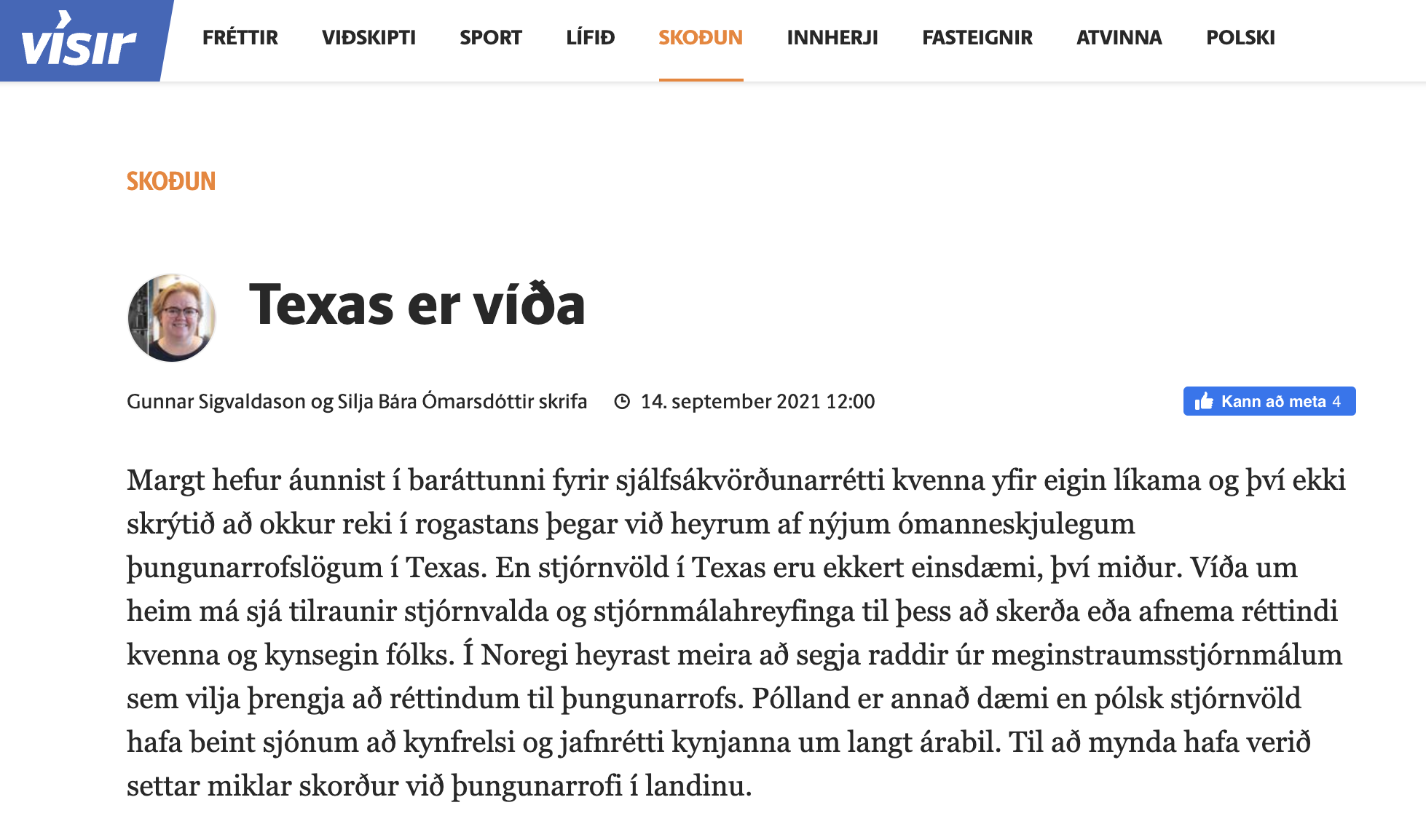 A screenshot of the op-ed on the global resistance to reproductive rights from visir.is, an Icelandic online newspaper